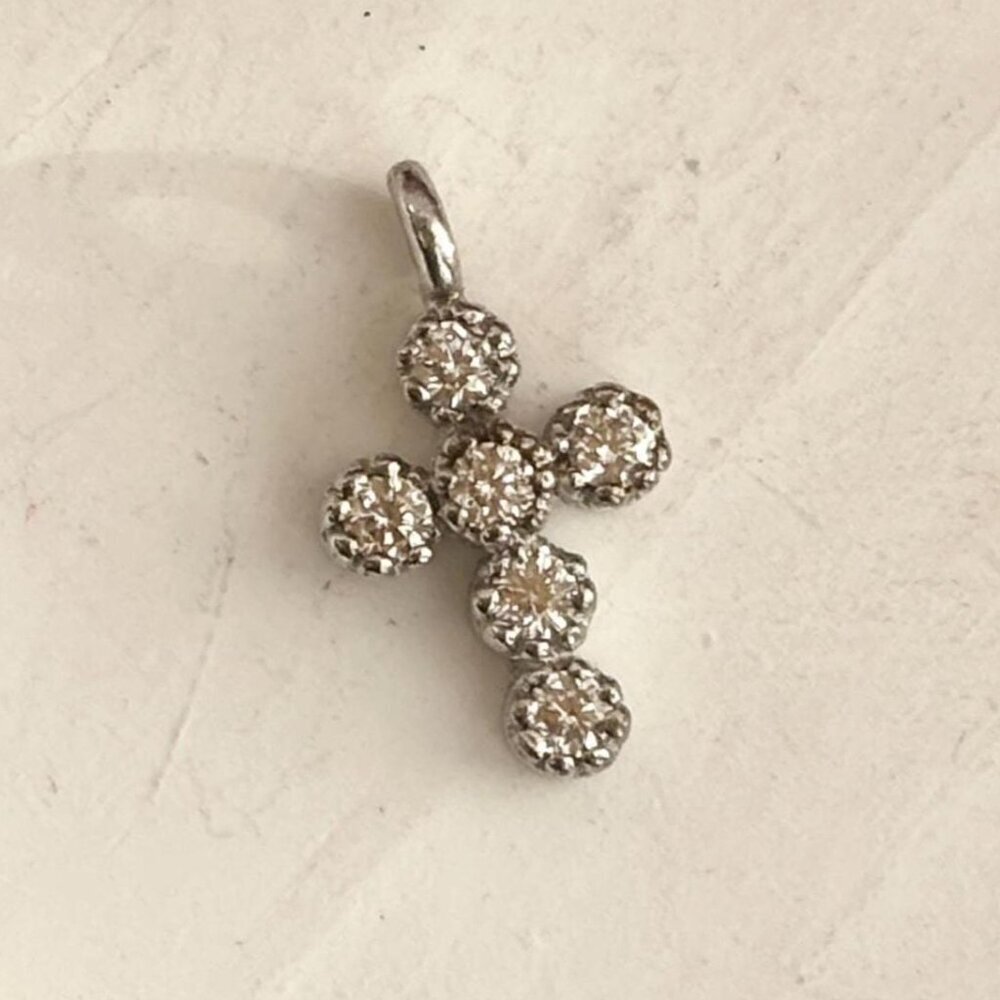 Cross Shaped CZ Accented Catholic | Christian Silver T Vintage Pendant | Charm